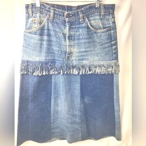 Vtg Upcycle Denim Fringe Skirt Orange Tab Levis Modest Stains